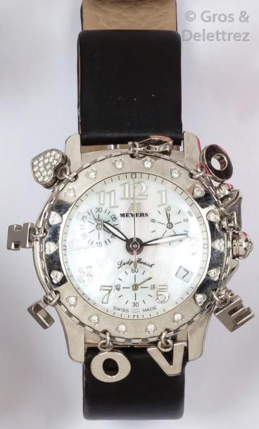 MEYERS Montre bracelet chronographe en acier, boîtier rond, cadran nacre à trois...