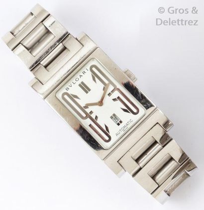 null BULGARI «Rettangolo» - Bracelet montre en acier. Cadran blanc, dateur à six...