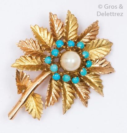 null Broche «Fleur» en or jaune 14K ciselé ornée de perles de turquoise reconstituée...