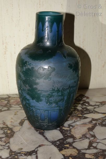 null DEVEZ

Vase en verre multicouche bleu et vert à décor dégagé à l'acide sur la...