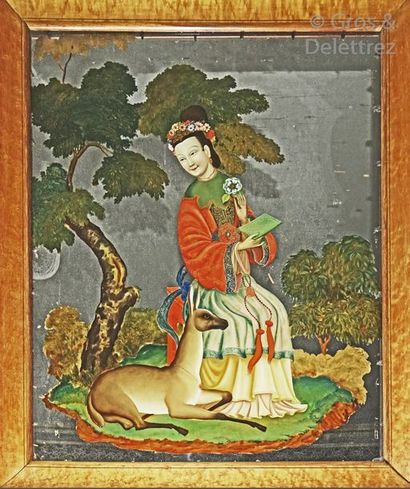 null Chine

Peinture sous verre représentant une femme assise dans un paysage, une...