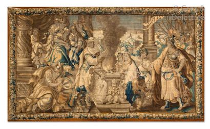 null Tapisserie des Flandres représentant une "Scène d'offrandes" avec des personnages...