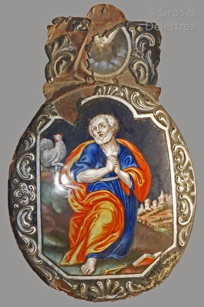 null Plaque de bénitier en émail polychrome représentant Saint Pierre et le coq.

Limoges,...