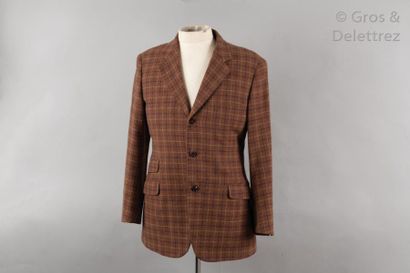 HERMES Paris made in Italy *Veste d’homme en lainage à carreaux beige, marine sur...