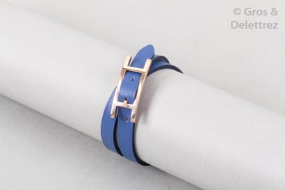 HERMÈS Paris made in France *Bracelet «Behapi» double tour en veau Swift bleu Brighton,...