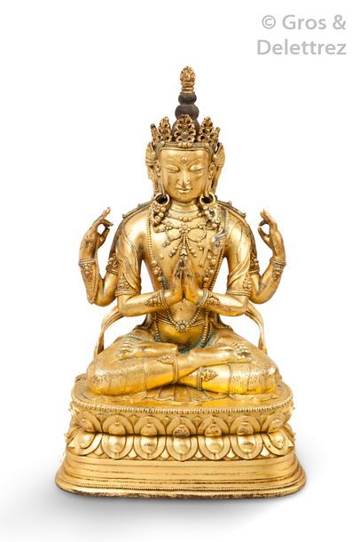 null Chine, 

Statuette en bronze doré, représentant un boddhisattva à quatre bras,...