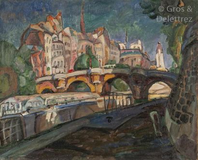 Attribué à William Henry JOHNSON (1901-1970) Péniche à quai, bord de Seine, circa...