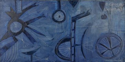 Carlos PAEZ VILARO (1923-2014) Composition bleue, roue de vélo Huile sur toile. Signée,...