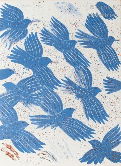 Alexandre FASSIANOS (né en 1935) Vol des oiseaux bleu Lithographie en couleur. Timbre...