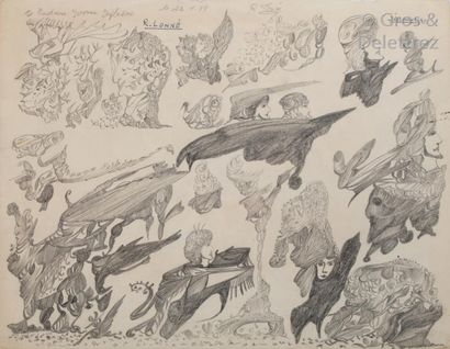 Raphael LONNE (1910-1989) Personnages volants, décembre 1950 Crayon sur papier. Signé,...