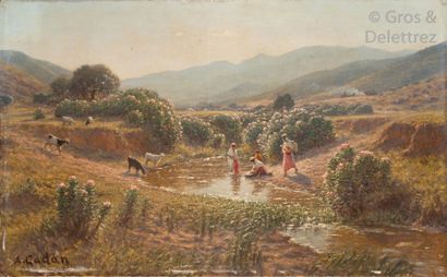 Antoine GADAN (1854-1934) Lavandières et porteuse d’eau, sud algérien Huile sur toile,...
