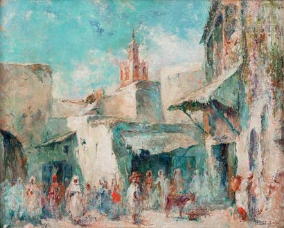 Edouard VERSCHAFFELT (1874-1955) Scène de marché dans la médina Huile sur toile,...