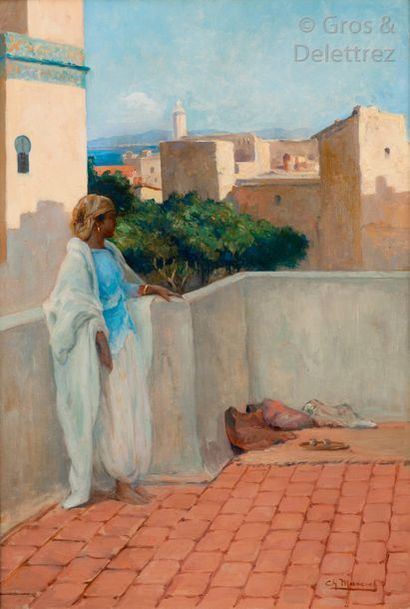 Charles MANCIET (1874-1963) Jeune femme sur la terrasse. Huile sur toile, signée...