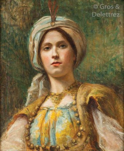École Orientaliste XXe siècle Portrait d’une jeune femme habillée à l’ottomane Huile...