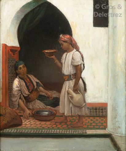 Ecole orientaliste XXe siècle Préparation du repas Huile sur toile. 57 x 45cm