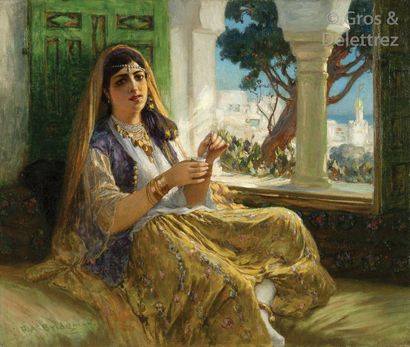 Frederick Arthur BRIDGMAN (1847-1928) L’heure du thé, Alger. Huile sur toile, signée...