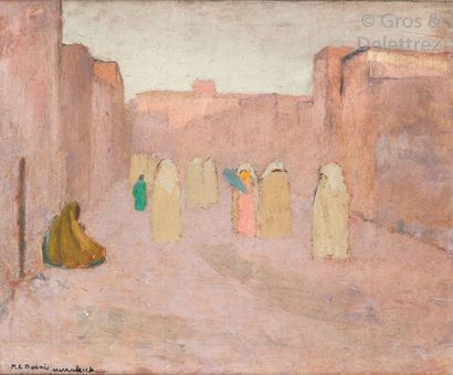 Paul Elie DUBOIS (1886-1949) Rue de Marrakech au crépuscule Huile sur toile, signée...