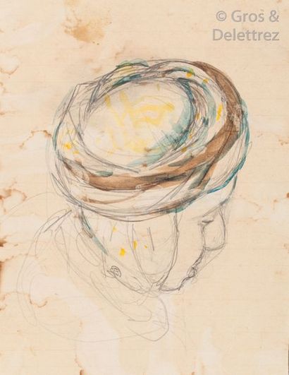 Étienne DINET (1861-1929) Étude d’une femme au turban Crayon et aquarelle. Inscription...