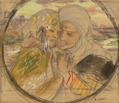 Étienne DINET (1861-1929) «?Les Amoureux?» Aquarelle gouachée sur traits de crayon,...