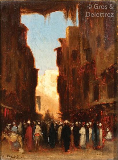Théodore FRERE (1814-1888) «?Une rue animée au Caire?» Huile sur panneau signée en...