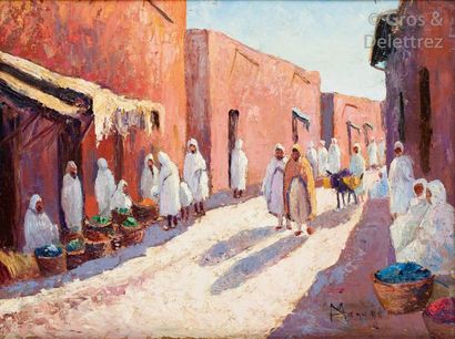 Vincent MANAGO (1880-1936) Marché dans la ruelle Huile sur panneau, signée en bas...