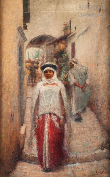 Eugène VIDAL (1850-1908) Femmes dans la Kasbah Huile sur toile, signée en bas à droite....