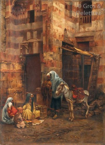 Charles WILDA (1854-1907) (Attribué à) Marchandes de fruits au Caire Huile sur toile,...
