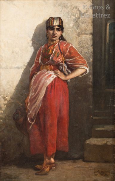 Henri REGNAULT (1843-1871) Beauté Orientale à la cruche Huile sur toile, trace de...