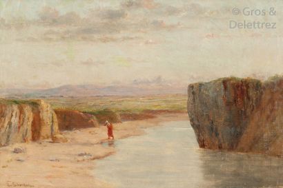 Lewis SHONBORN (1852-1931) Le passage d’un gué - Algérie Huile sur toile, signée...