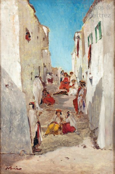 Maxime NOIRÉ (1861-1927) Femmes dans une rue du Sud Huile sur panneau, signée en...