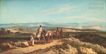Henri VAN WICK (XIXe-XXe siècles) Caravane en sortie de ville Huile sur toile, signée...