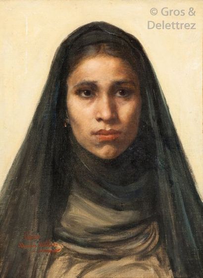 Maria MULLER (1834-1892) Jeune fille au voile Huile sur toile marouflée sur carton,...