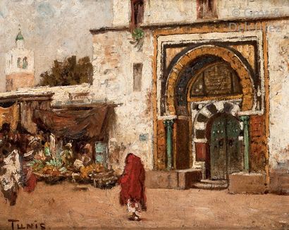 Ecole Orientaliste (XXe siècle) Dans la kasbah, Tunis Huile sur carton, située en...