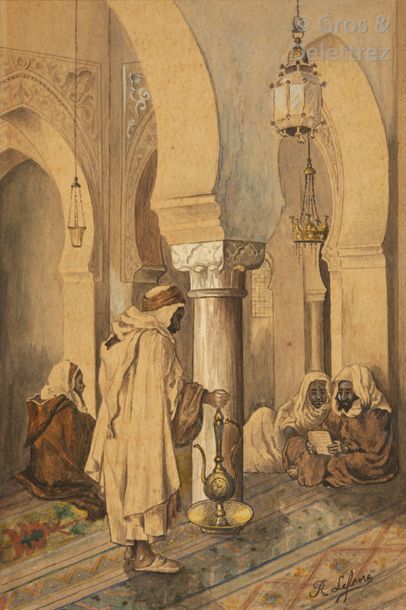 Adolphe René Lefevre (1834-1868) Religieux en prière. Aquarelle gouachée signée en...