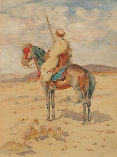 Alphonse BIRCK (1859-1942) Cavalier algérien Aquarelle sur papier, signée en bas...