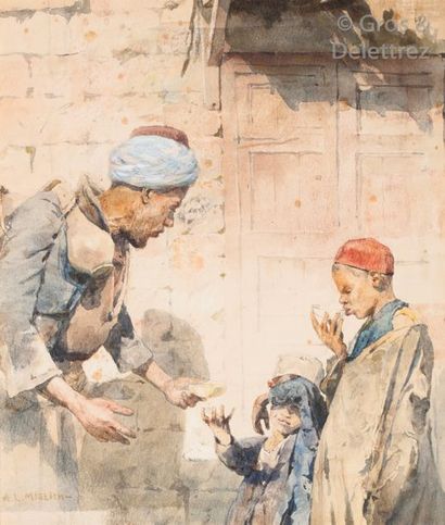 Alphons Léopold MIELICH (1863-1929) Les enfants et le marchand d’eau Aquarelle, signée...