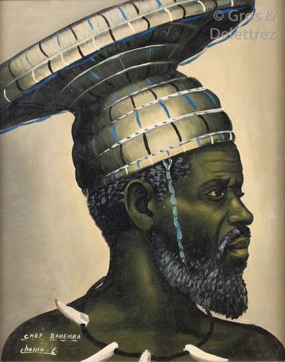 E. CHAMA (XXe siècle) Chef Bahemba Huile sur toile, marouflée sur panneau d’isorel,...