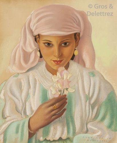 René MARTIN (1891-1971) Belle marocaine à la fleur, Marrakech (19) 41. Pastel, signé,...