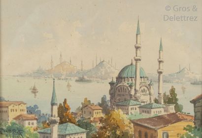 CHÉRIF (XIX-XXe siècle) École Turque Mosquées d’Istanbul Aquarelle signée en bas...