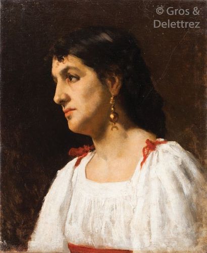 ÉCOLE ORIENTALISTE XIXe siècle Portrait de femme de profil Huile sur toile. 56 x...
