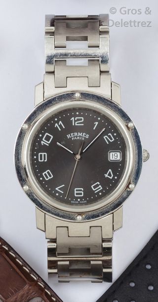 HERMES «Clipper» - Bracelet-montre en acier, boîtier rond, cadran noir à chiffres...