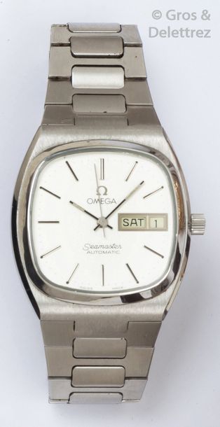 OMEGA Bracelet-montre en acier, boîtier tonneau, cadran argent, jour, date, mouvement...