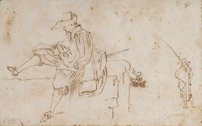 null Ecole Française du XVIIème siècle 

Soldat assis sur un muret et croquis d'un...