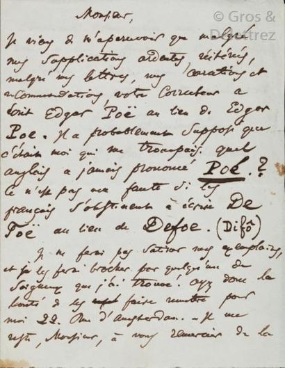 null Charles BAUDELAIRE (1821-1867).

Lettre autographe signée adressée par Baudelaire...