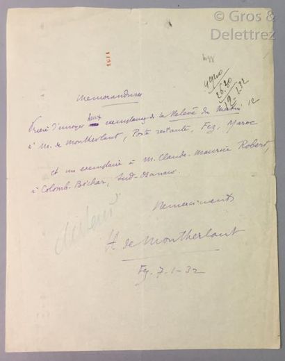null Henri de MONTHERLANT.

«Memorandum» signé, adressé par Montherlant à son éditeur,...
