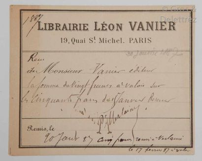 null Paul VERLAINE (1844-1896) Poète.

Billet signé «P. Verlaine», daté de Paris,...