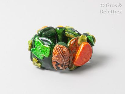 LEONARD Bracelet manchette 60mm en résine verte surmontée de motifs végétaux, de...