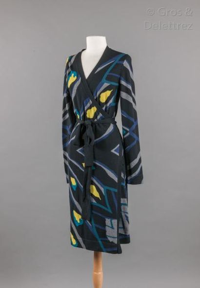 Diane von FURSTENBERG Robe portefeuille en jersey de laine noir imprimé de motifs...