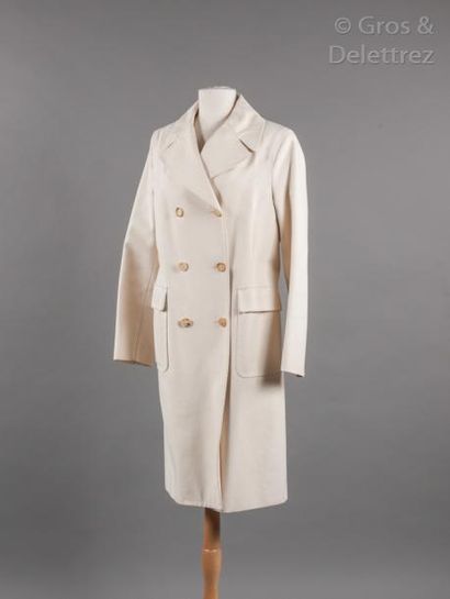 CELINE Manteau en toile chinée écru, large col châle cranté sur double boutonnage...