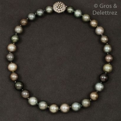 null Collier de 30 perles de culture grise de Tahiti, le fermoir en or gris entièrement...